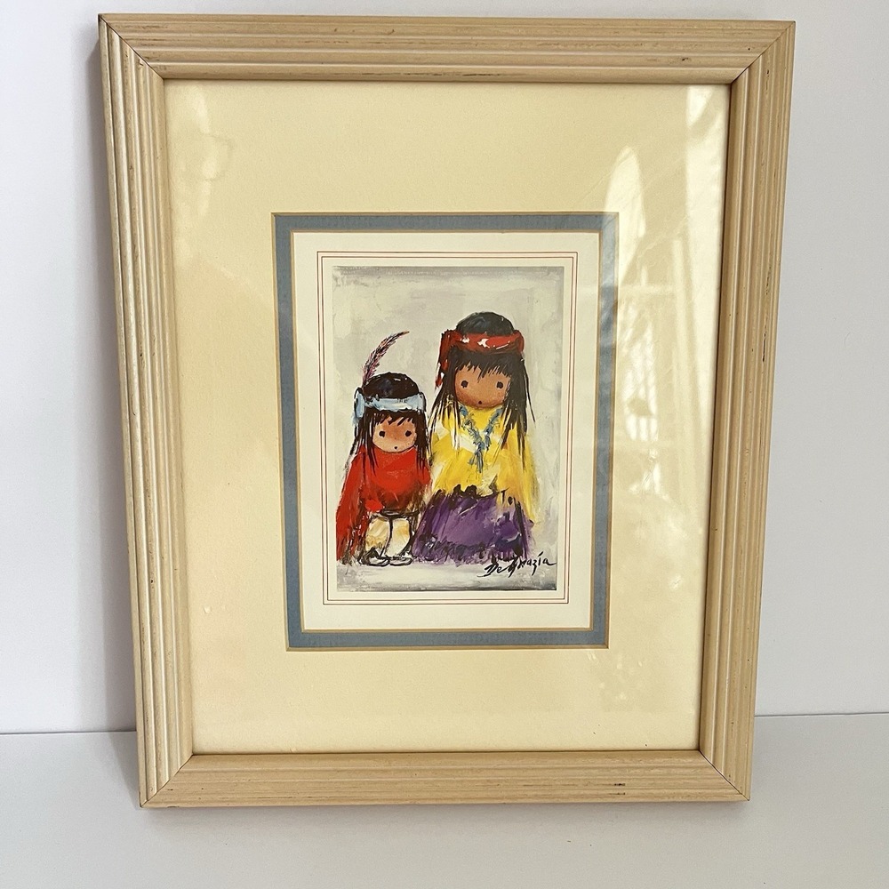 Vtg Ettore "Ted" DeGrazia "Wonders" framed art print Native American kids 9x11